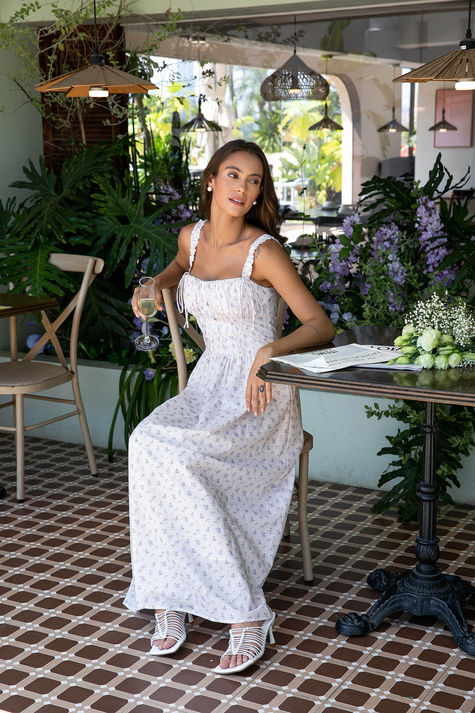 white maxi dress with flowers White Maxi Dress with Floral Print – Pleiades Fashion