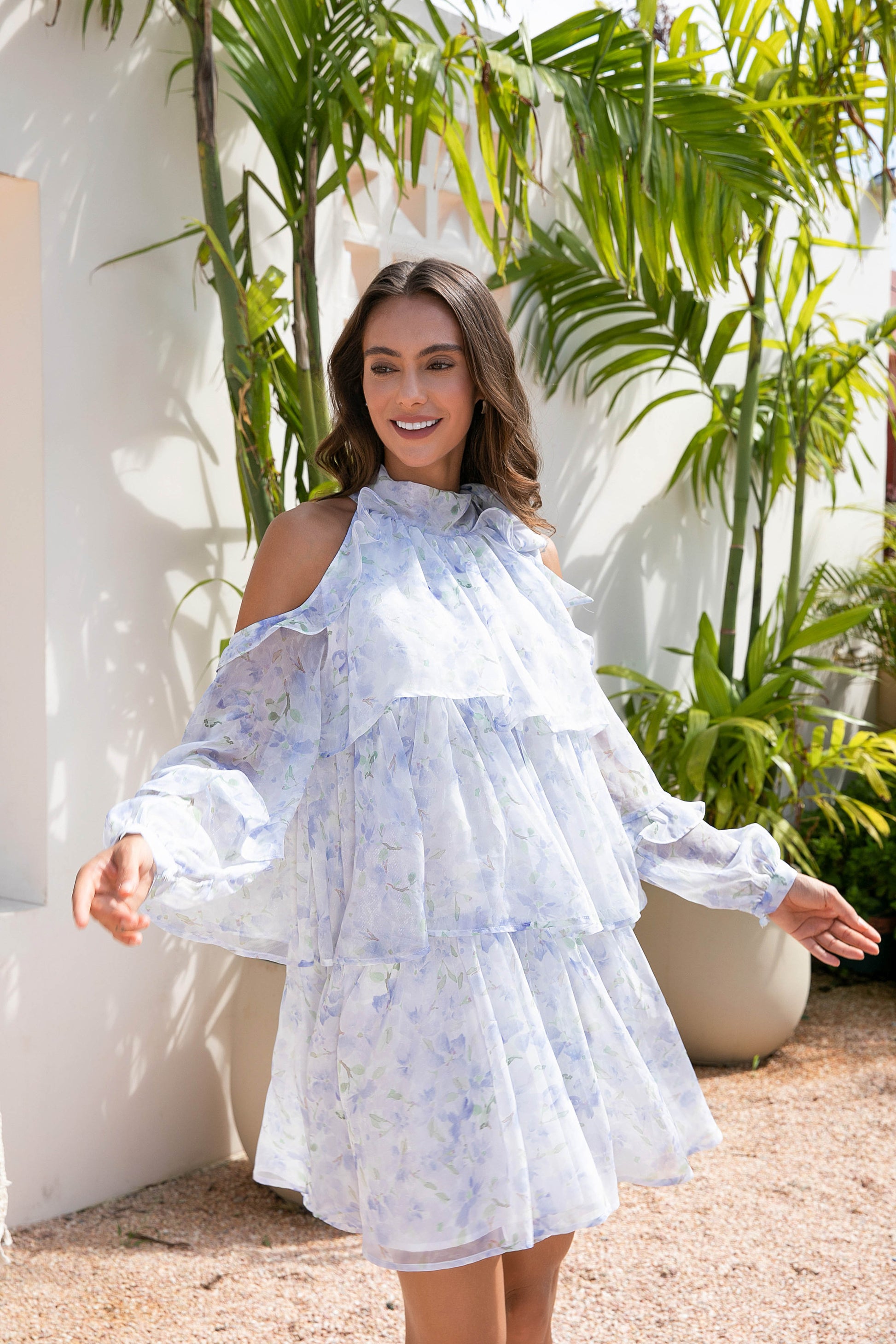Floral Tiered Dress with Off-Shoulder Long Sleeves - Blue Cornflower Pleiades Fashion Floral Tiered Dress with Off-Shoulder Long Sleeves - Blue Cornflower Pleiades Fashion