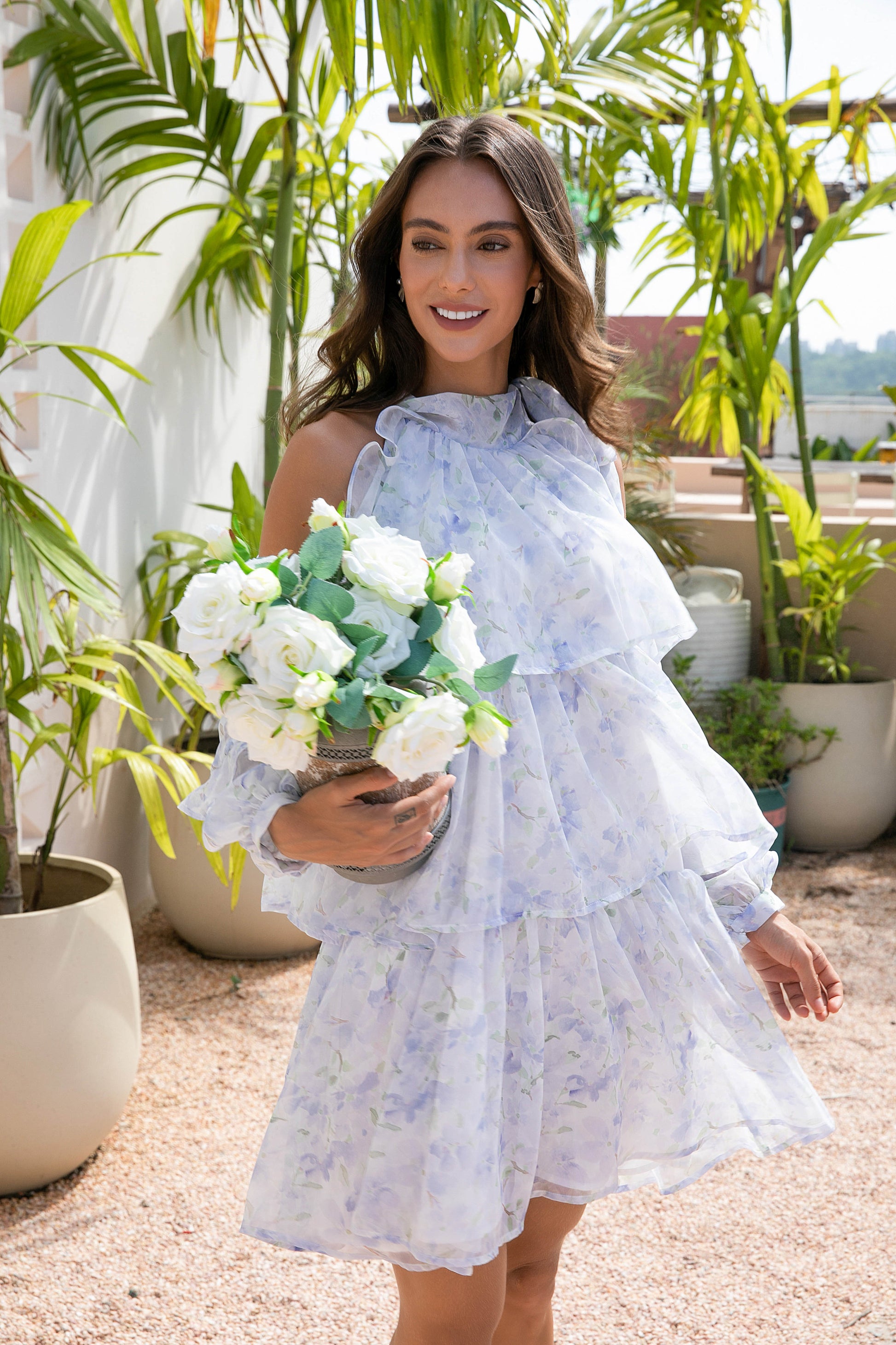 Floral Tiered Dress with Off-Shoulder Long Sleeves - Blue Cornflower Pleiades Fashion Floral Tiered Dress with Off-Shoulder Long Sleeves - Blue Cornflower Pleiades Fashion