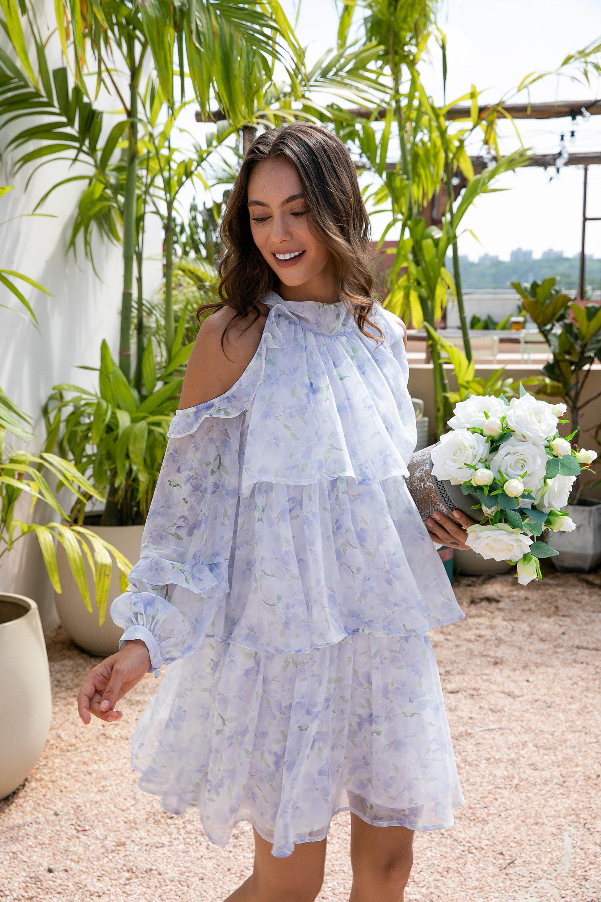 Floral Tiered Dress with Off-Shoulder Long Sleeves - Blue Cornflower Pleiades Fashion Floral Tiered Dress with Off-Shoulder Long Sleeves - Blue Cornflower Pleiades Fashion