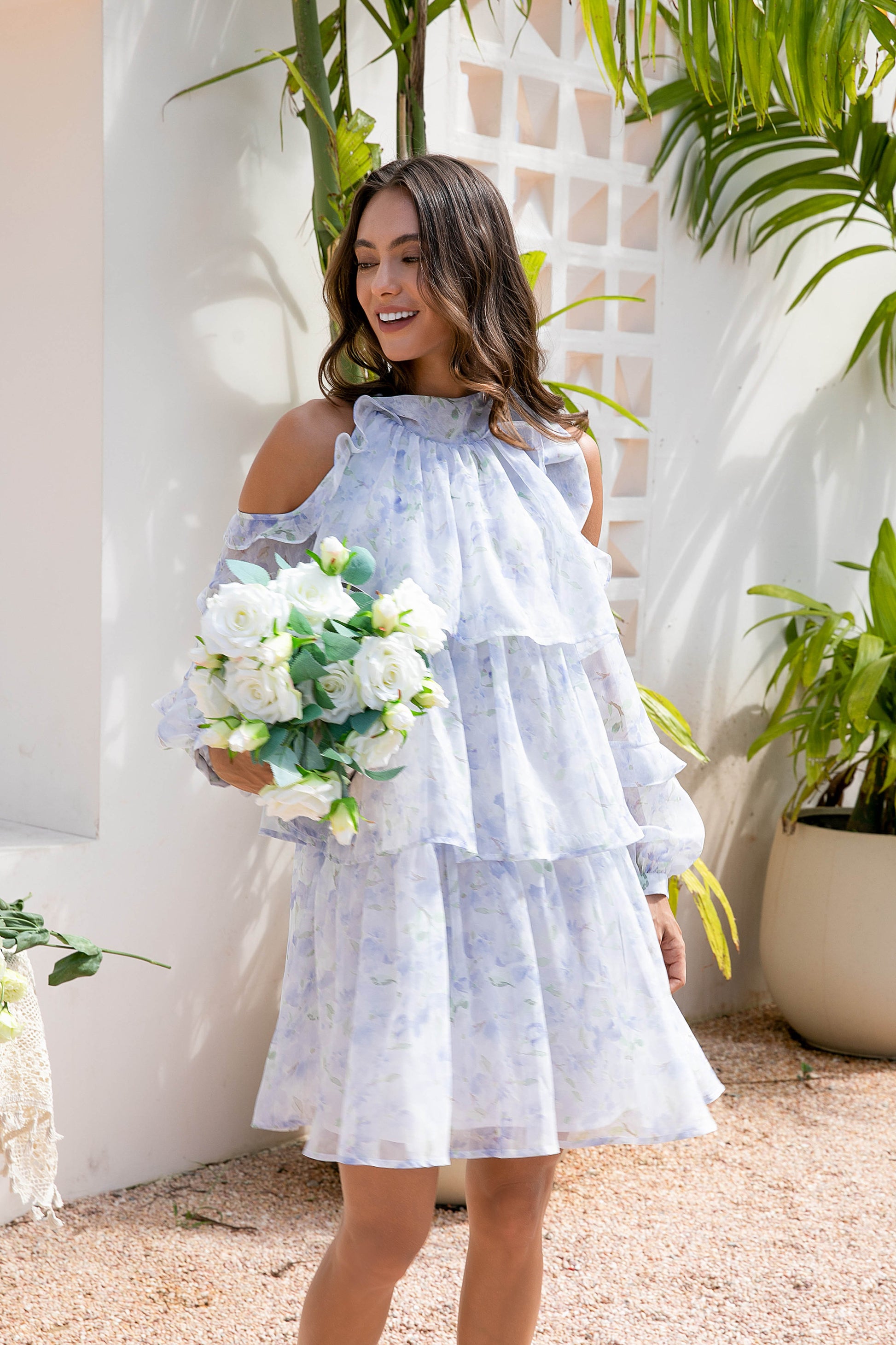 Floral Tiered Dress with Off-Shoulder Long Sleeves - Blue Cornflower Pleiades Fashion Floral Tiered Dress with Off-Shoulder Long Sleeves - Blue Cornflower Pleiades Fashion